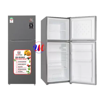 Gray double-door refrigerator with open interior view