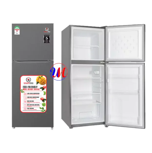 Gray double-door refrigerator with open interior view