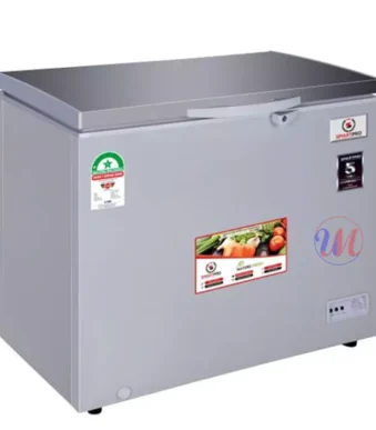 Silver chest freezer with top-opening lid
