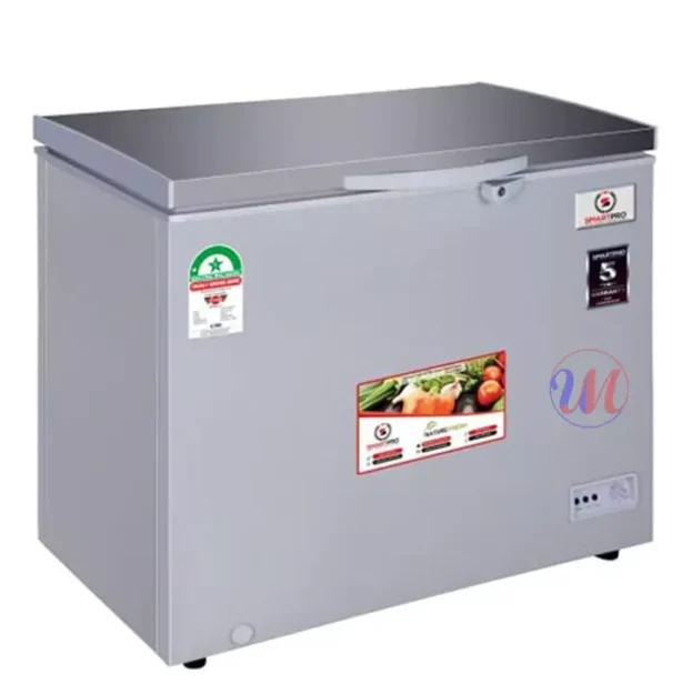 Silver chest freezer with top-opening lid