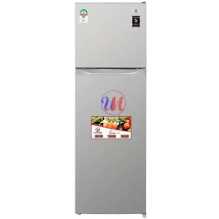 Silver double-door refrigerator with top freezer