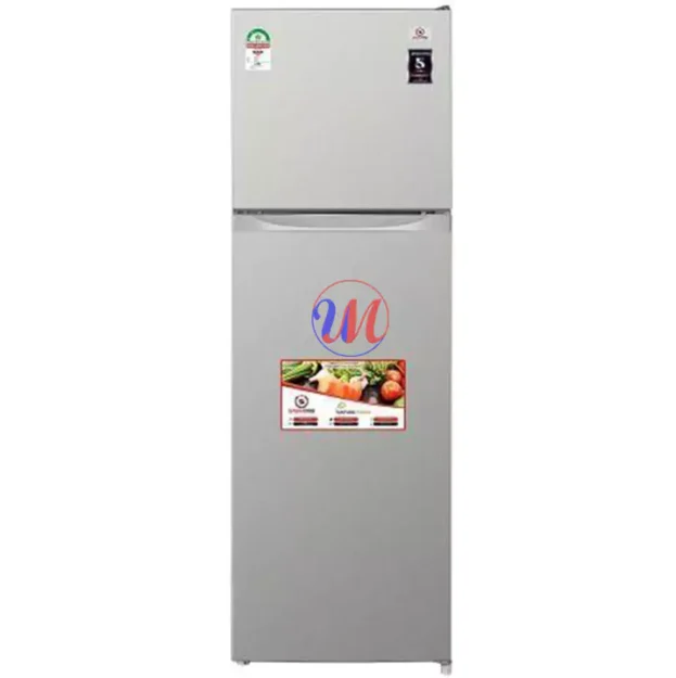 Silver double-door refrigerator with top freezer