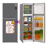 Gray double-door refrigerator with organized fresh produce