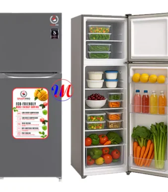Gray double-door refrigerator with organized fresh produce