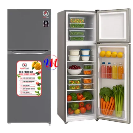 Gray double-door refrigerator with organized fresh produce