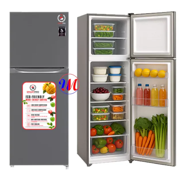 Gray double-door refrigerator with organized fresh produce