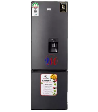 Gray bottom-freezer refrigerator with water dispenser