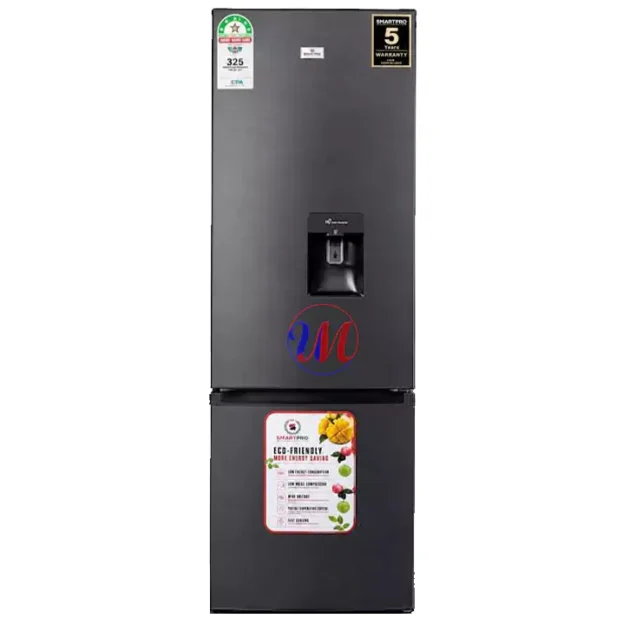 Gray bottom-freezer refrigerator with water dispenser