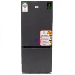 Dark gray bottom-freezer refrigerator with energy labels