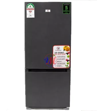 Dark gray bottom-freezer refrigerator with energy labels
