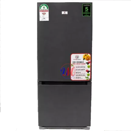 Dark gray bottom-freezer refrigerator with energy labels