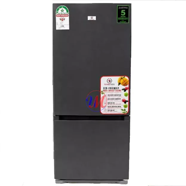 Dark gray bottom-freezer refrigerator with energy labels