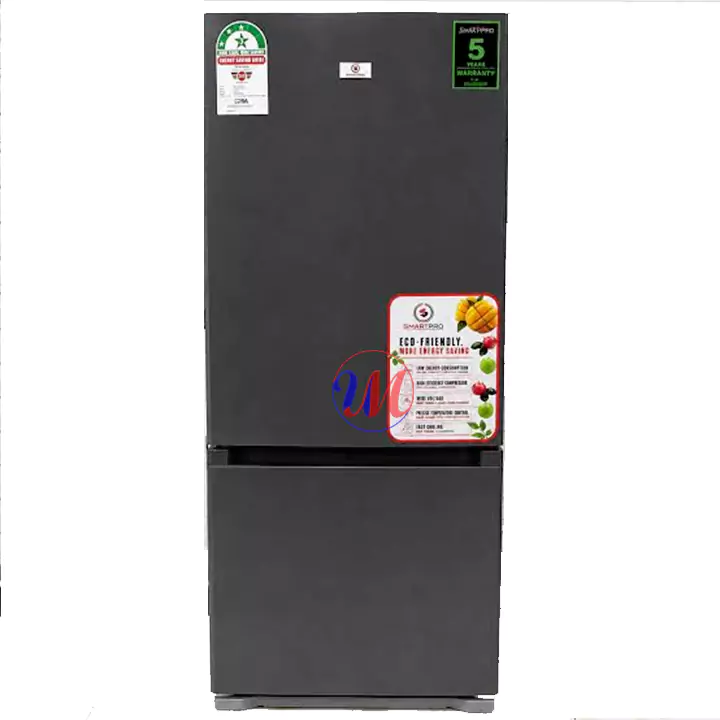 SmartPro 300L SFR-400-DBI Bottom Freezer Fridge Dark gray bottom-freezer refrigerator with energy labels