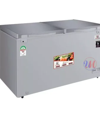 Large gray double-lid chest freezer unit