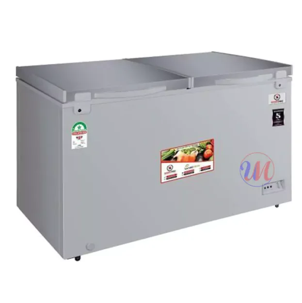 Large gray double-lid chest freezer unit