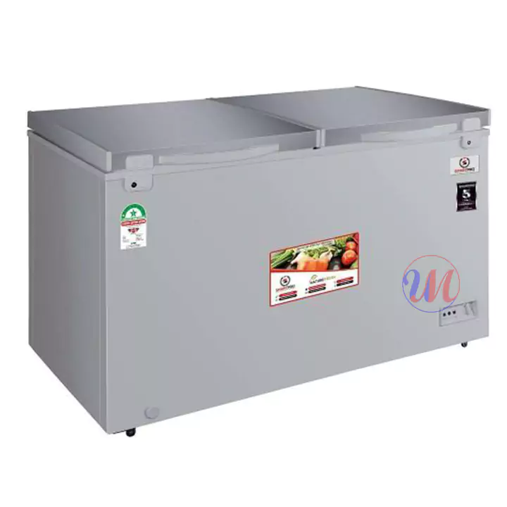 Large gray double-lid chest freezer unit