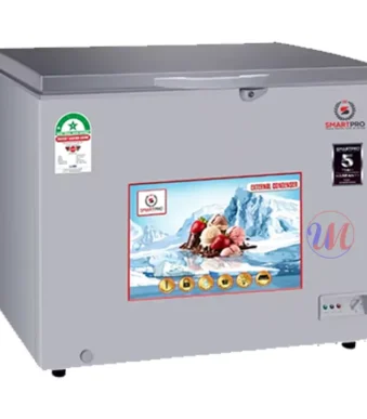 Gray chest freezer with ice cream graphic