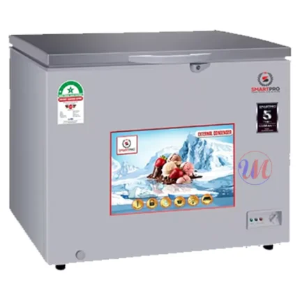 Gray chest freezer with ice cream graphic