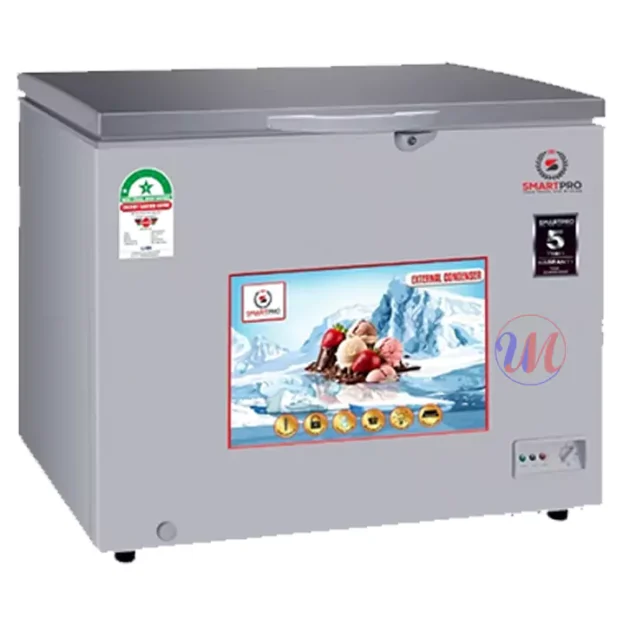 Gray chest freezer with ice cream graphic