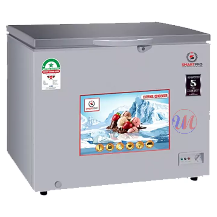 Gray chest freezer with ice cream graphic