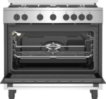Stainless steel oven with open door and racks