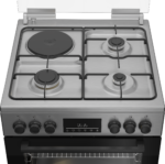 Stainless steel stove with four burners and oven