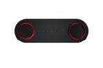 Black wireless speaker with red illuminated dual drivers