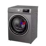 Gray front-loading washing machine with digital display