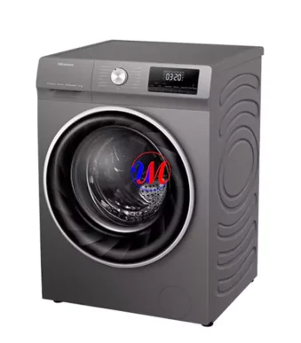 Gray front-loading washing machine with digital display