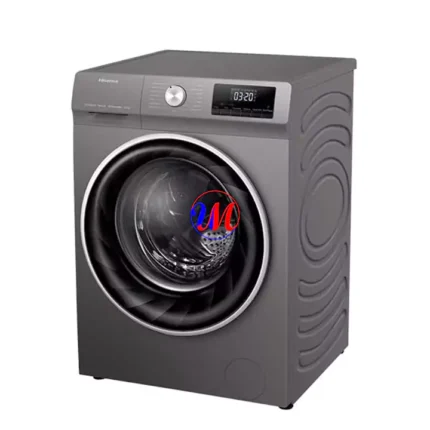 Gray front-loading washing machine with digital display