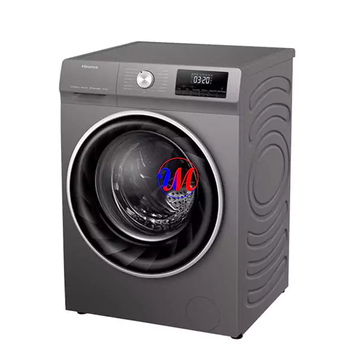 Gray front-loading washing machine with digital display