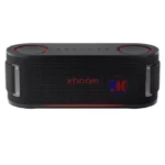Black portable Bluetooth speaker with red accents