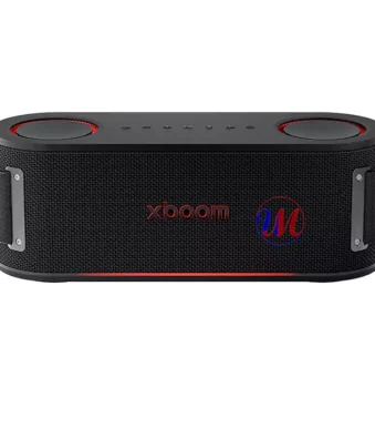 Black portable Bluetooth speaker with red accents