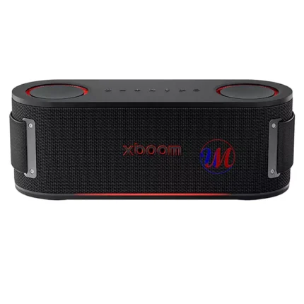 Black portable Bluetooth speaker with red accents