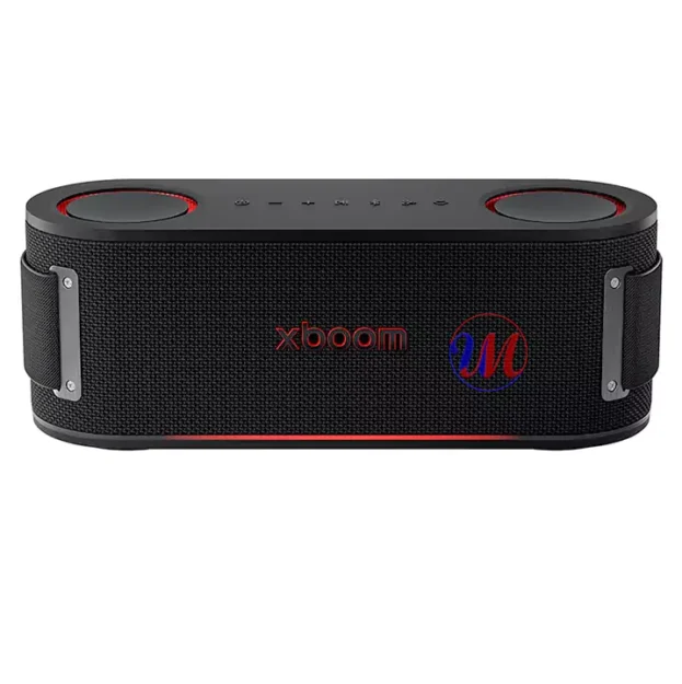 Black portable Bluetooth speaker with red accents