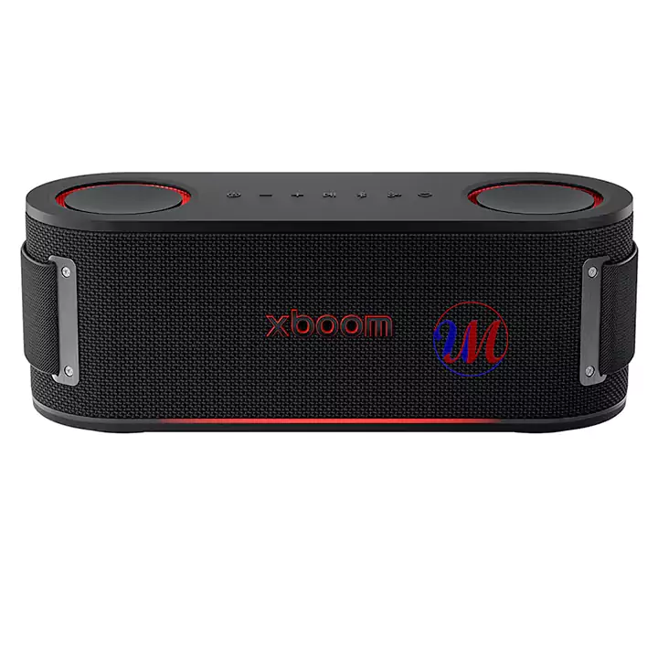 Black portable Bluetooth speaker with red accents