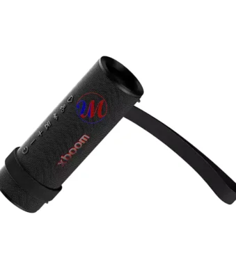 Black portable Bluetooth speaker with carrying strap