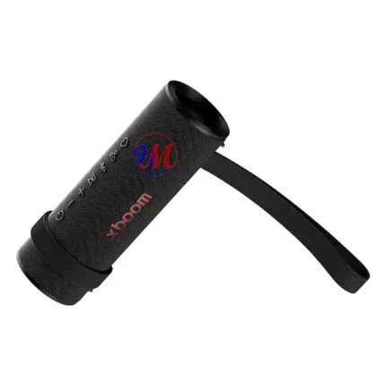 Black portable Bluetooth speaker with carrying strap