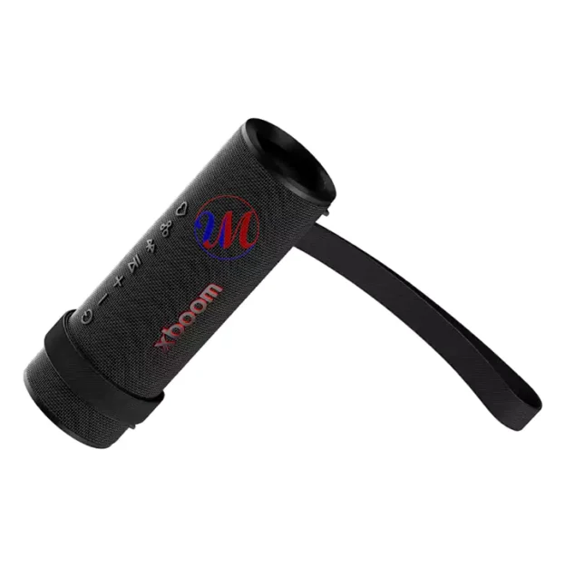 Black portable Bluetooth speaker with carrying strap