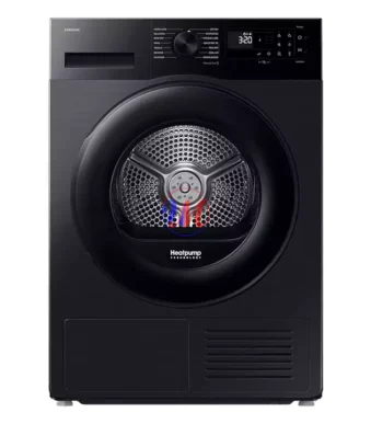 Black Samsung heat pump front-load dryer