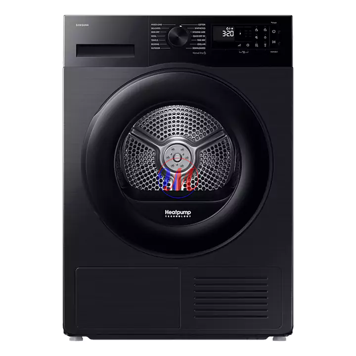 Black Samsung heat pump front-load dryer