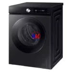 Modern black front-loading washing machine with digital display