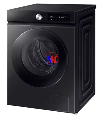Modern black front-loading washing machine with digital display