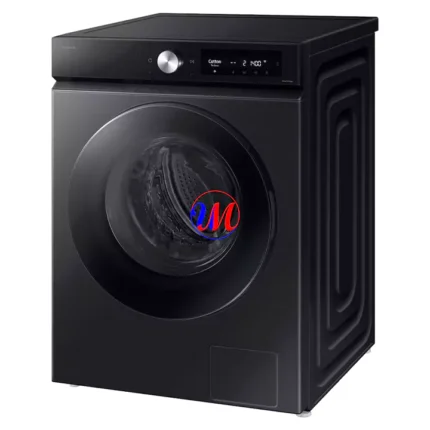 Modern black front-loading washing machine with digital display