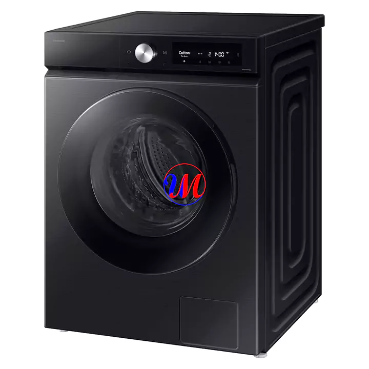 Modern black front-loading washing machine with digital display