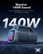Portable speaker advertising massive 140W stereo sound with RGB lights