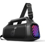 Black portable Bluetooth speaker with shoulder strap and RGB lights