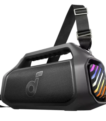 Black portable Bluetooth speaker with shoulder strap and RGB lights