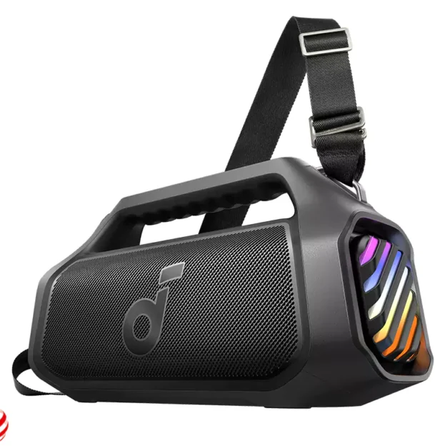 Black portable Bluetooth speaker with shoulder strap and RGB lights