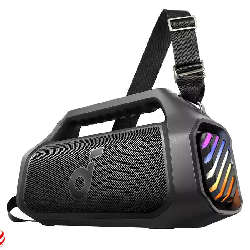 Black portable Bluetooth speaker with shoulder strap and RGB lights